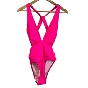 Cupshe One Piece Swimsuit Pink Plunge Criss Cross Backless Medium‎ Womens